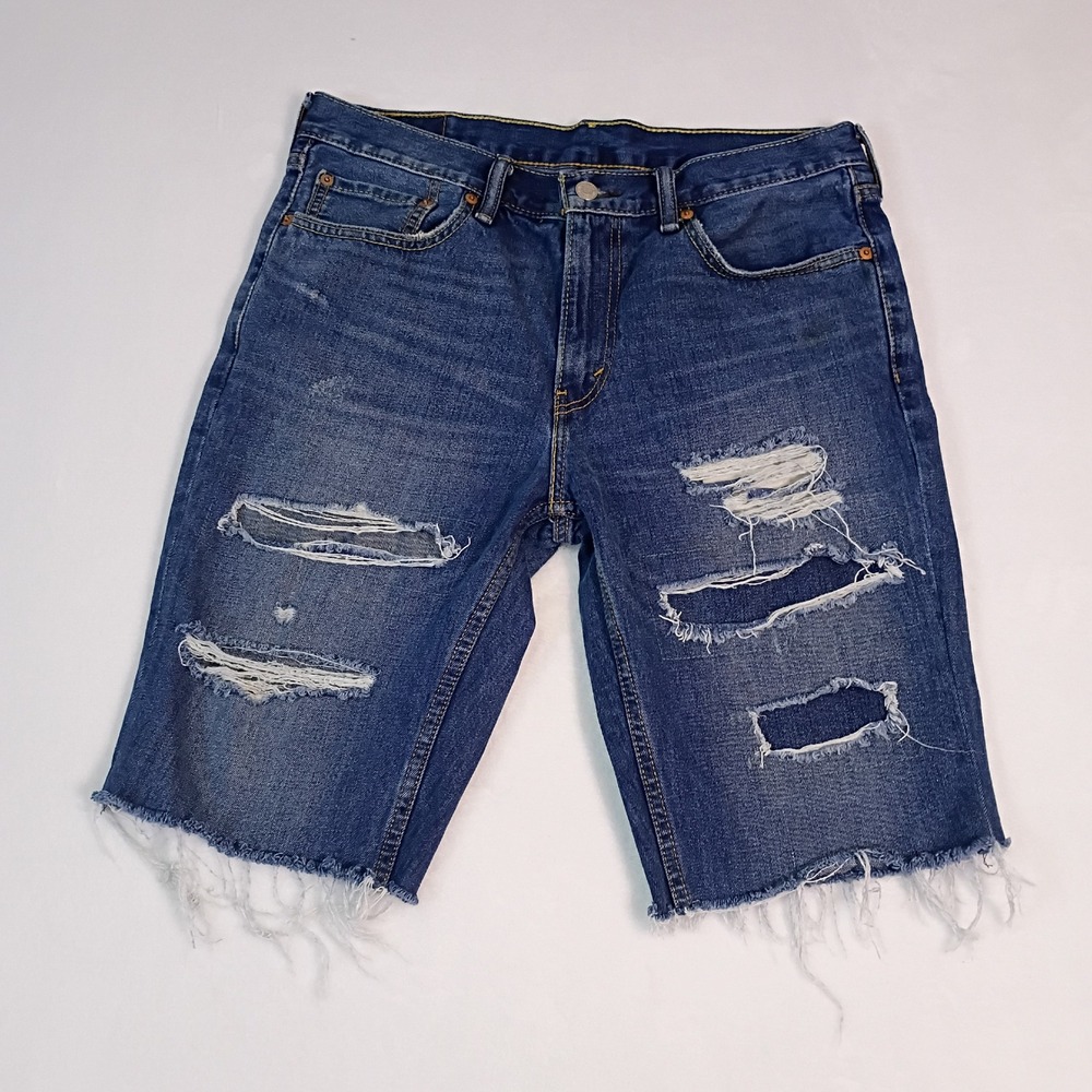 Levis 511 Slim Fit Distressed Denim Shorts Mens 33 Blue Ripped Raw Hem Cotton